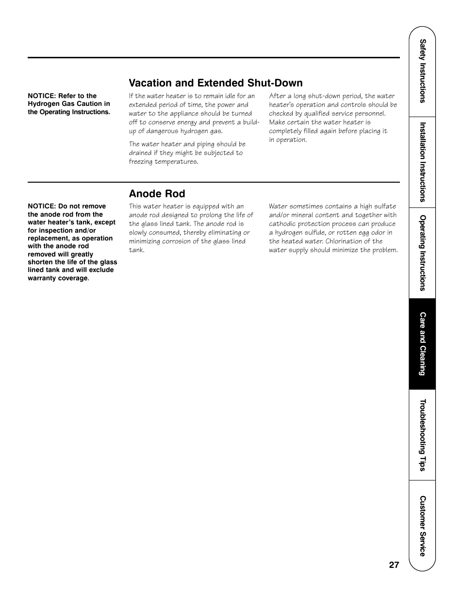 Vacation and extended shut-down, Anode rod | GE Powervent AP13787 User Manual | Page 27 / 36