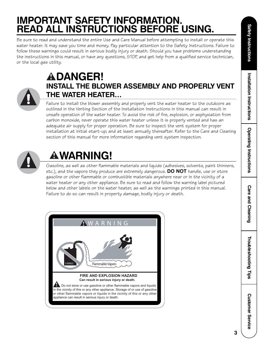 Danger, Warning | GE Powervent AP13787 User Manual | Page 3 / 36