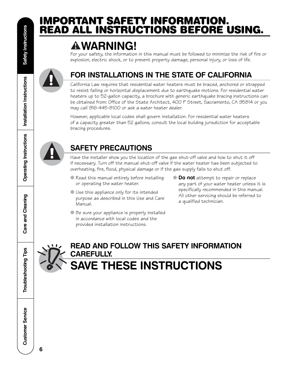Warning, Save these instructions, Safety precautions | For installations in the state of california, Read and follow this safety information carefully | GE Powervent AP13787 User Manual | Page 6 / 36