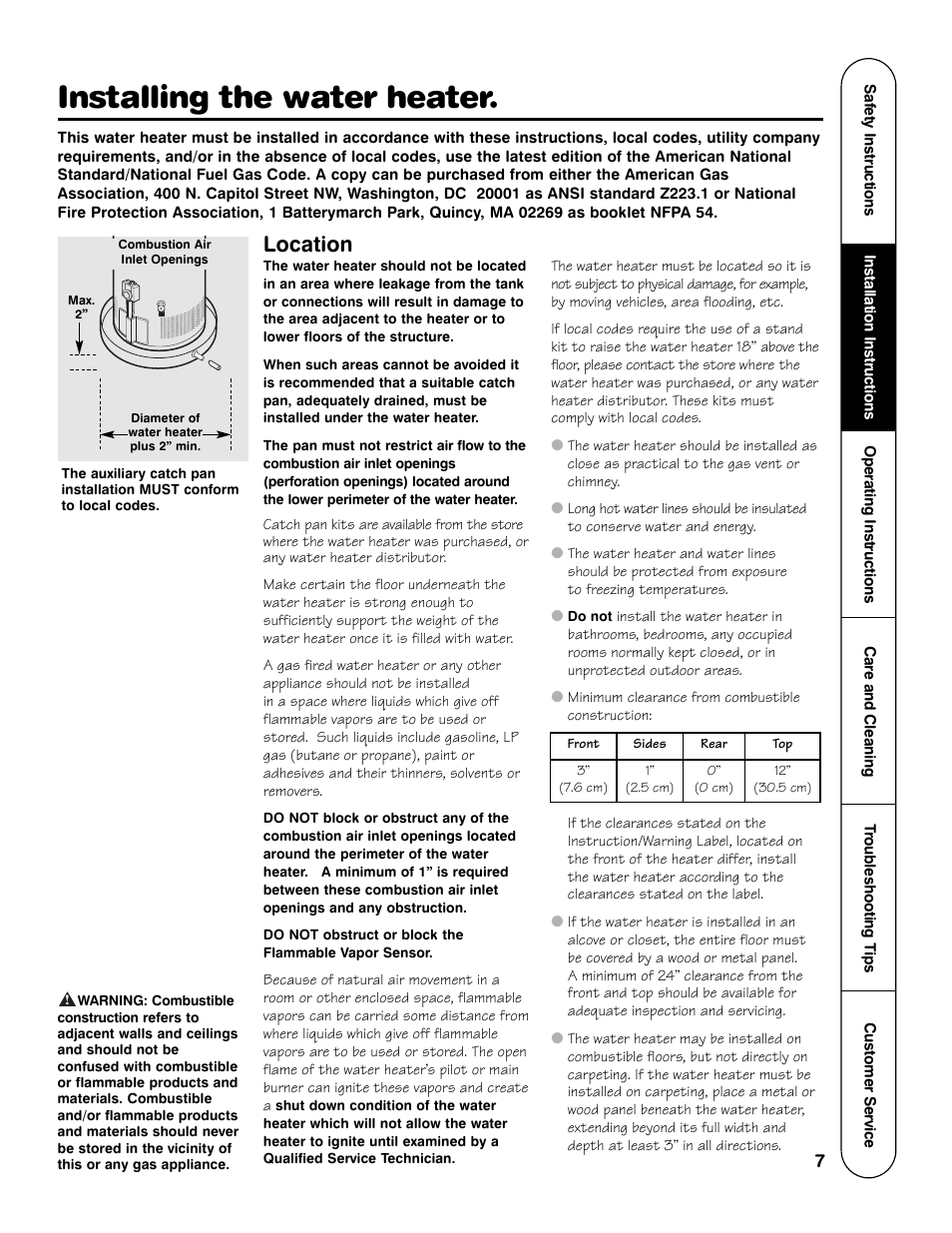 Installing the water heater, Location | GE Powervent AP13787 User Manual | Page 7 / 36