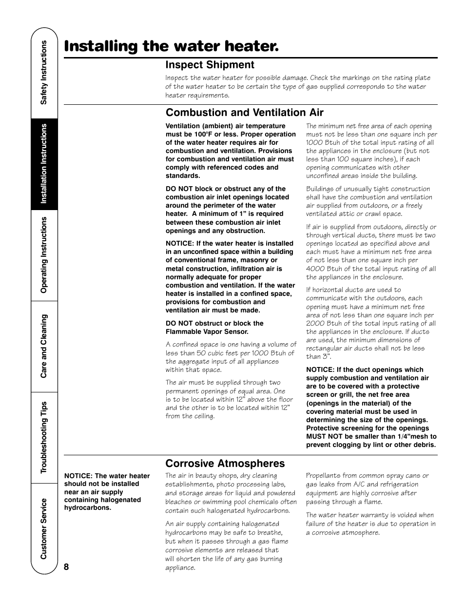 Installing the water heater, Combustion and ventilation air, Corrosive atmospheres | Inspect shipment | GE Powervent AP13787 User Manual | Page 8 / 36