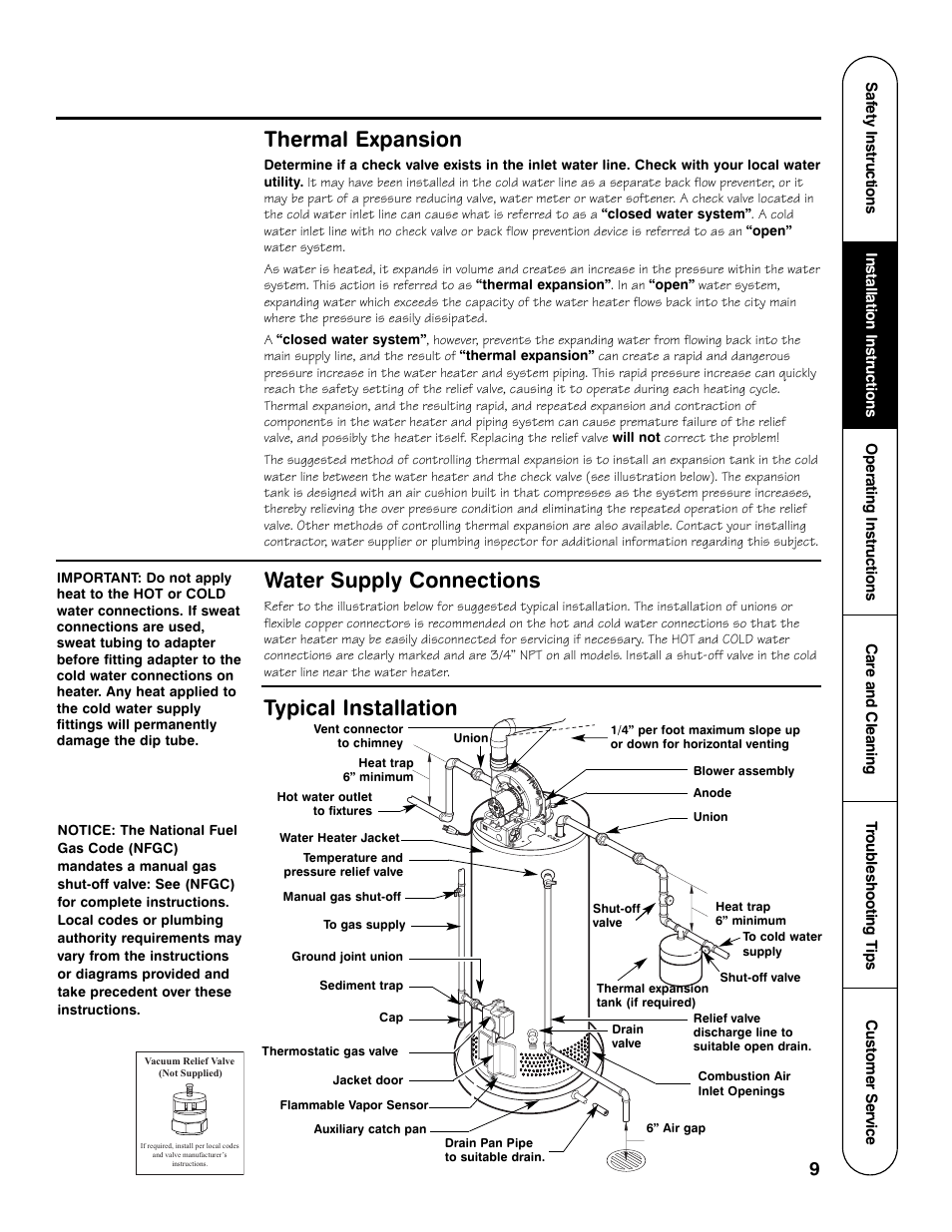 Thermal expansion, Typical installation, Water supply connections | GE Powervent AP13787 User Manual | Page 9 / 36