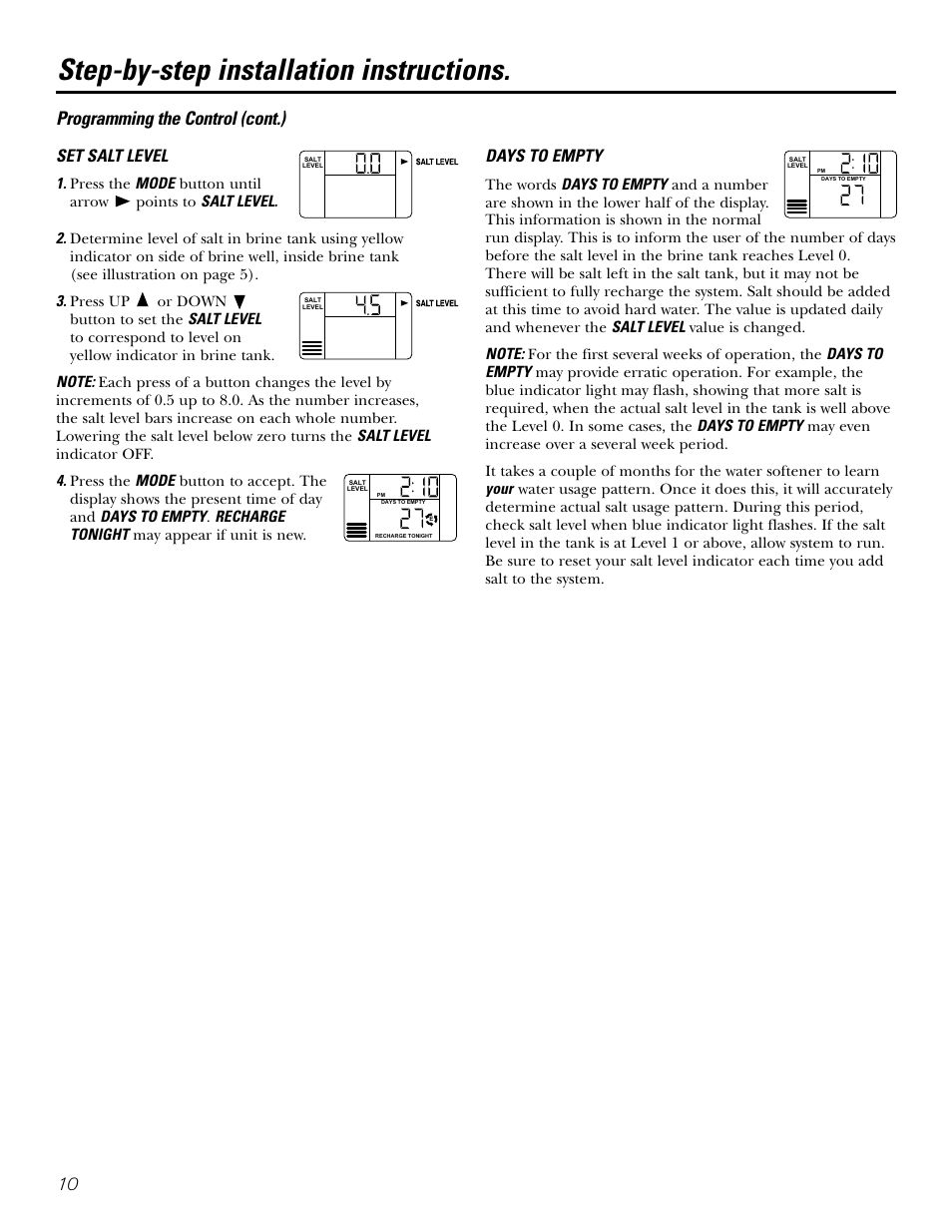 Step-by-step installation instructions, Programming the control (cont.), Set salt level | Days to empty | GE GXSF39E User Manual | Page 10 / 64