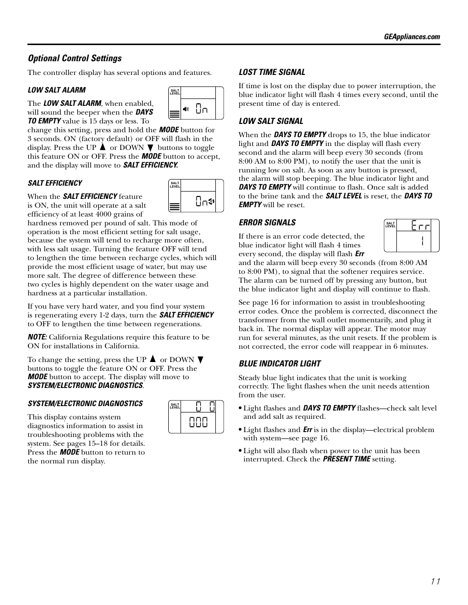 11 optional control settings, Lost time signal, Low salt signal | Error signals, Blue indicator light | GE GXSF39E User Manual | Page 11 / 64