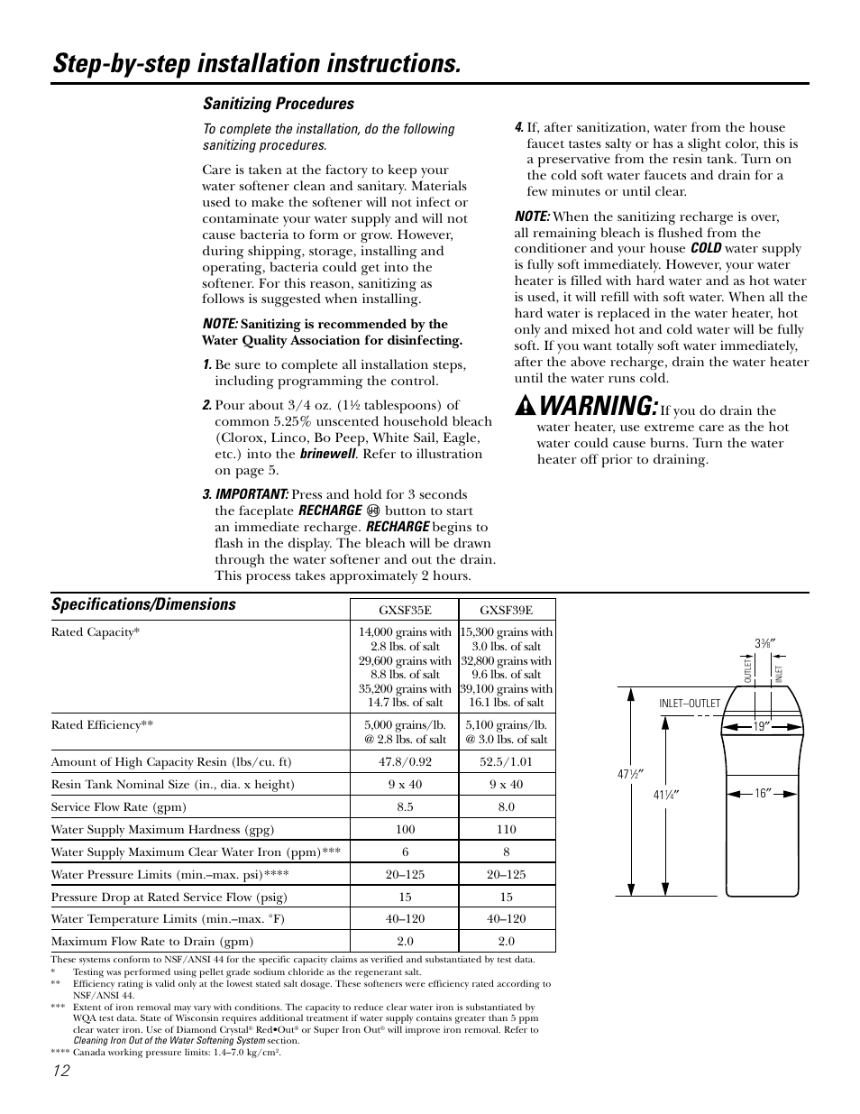 Step-by-step installation instructions, Warning, Sanitizing procedures | Specifications/dimensions | GE GXSF39E User Manual | Page 12 / 64