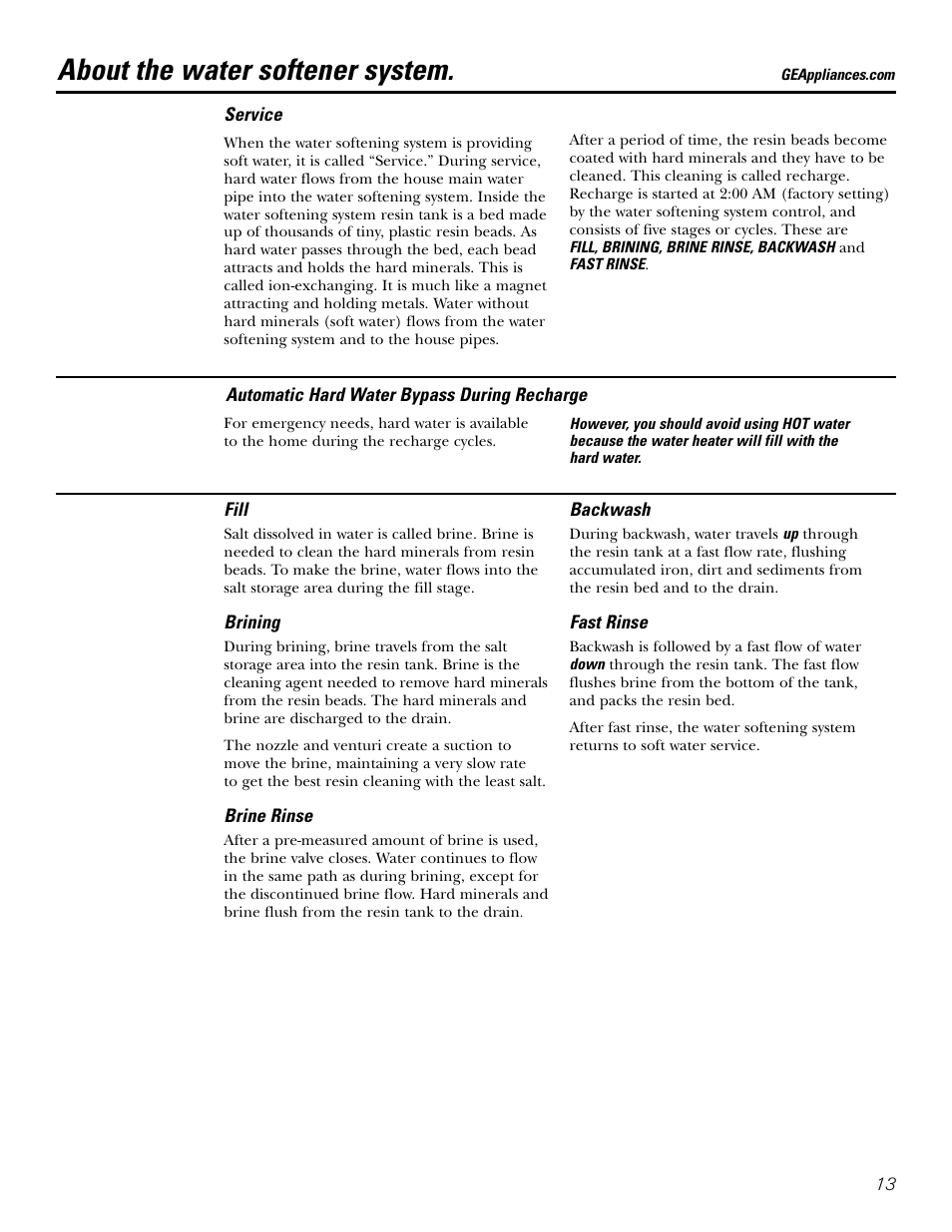 Service, Water softener system, Service , 16–18 water softener system –18 | About the water softener system | GE GXSF39E User Manual | Page 13 / 64