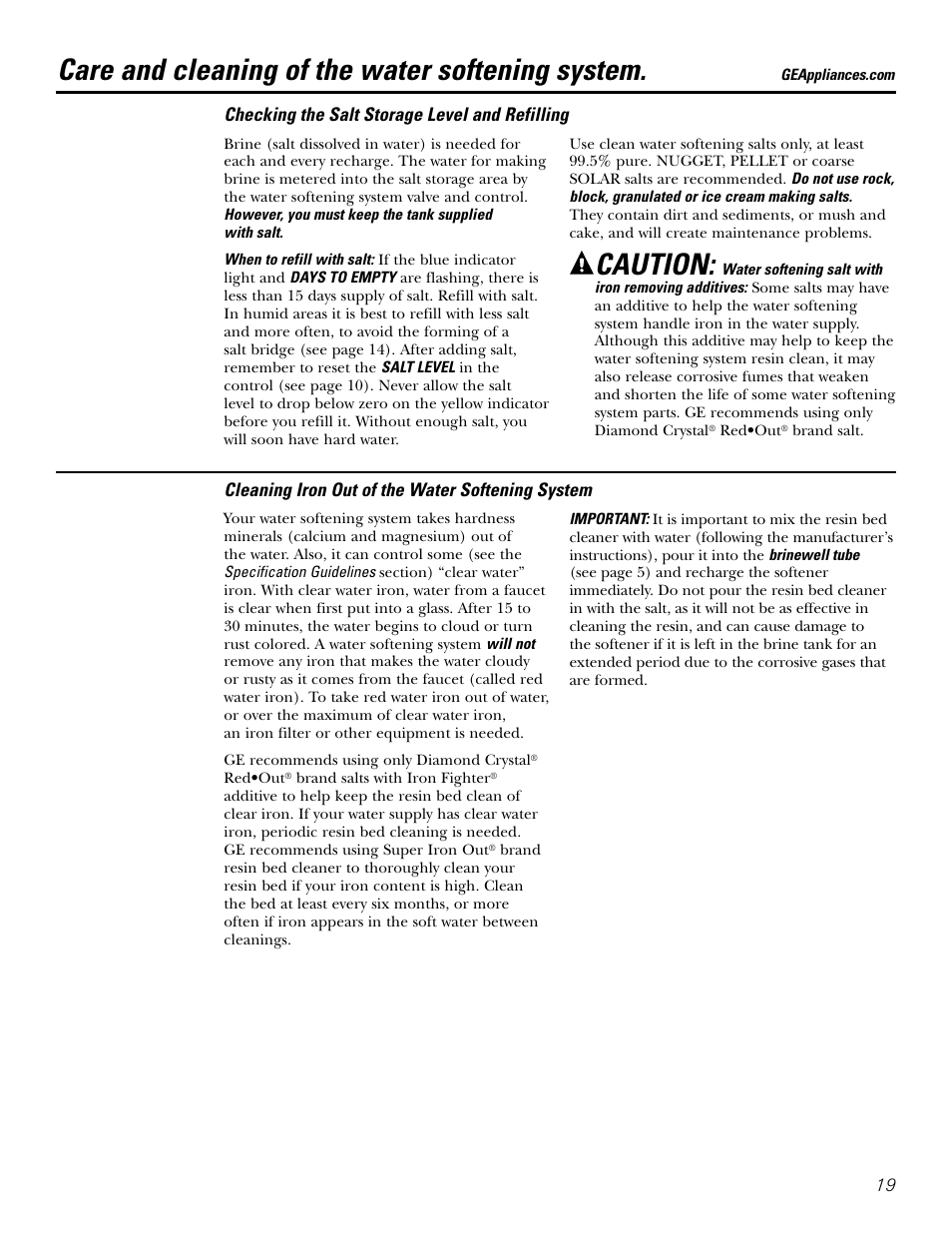 Care and cleaning, Care and cleaning of the water softening system, Caution | GE GXSF39E User Manual | Page 19 / 64