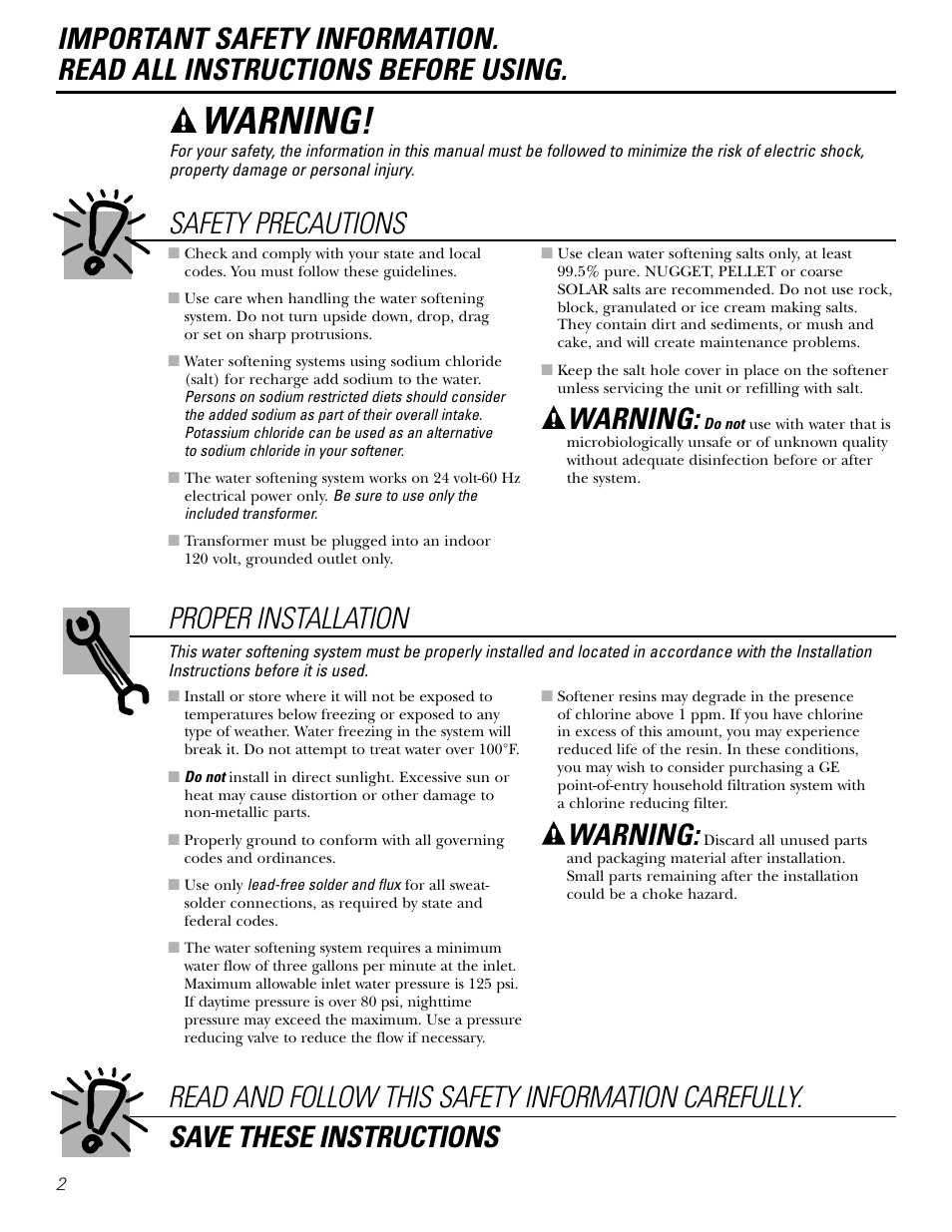 Safety information, Warning | GE GXSF39E User Manual | Page 2 / 64