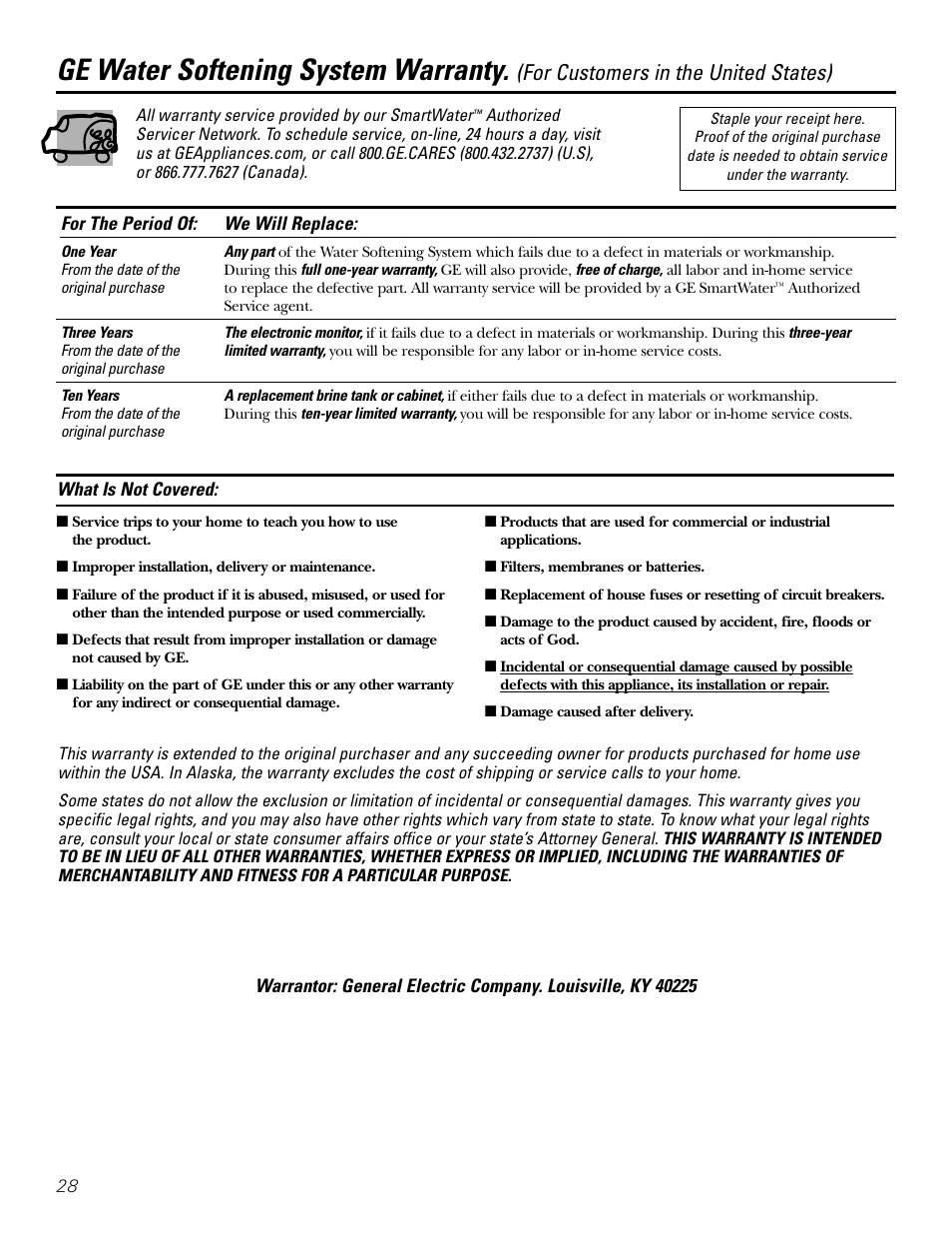 Warranty (u.s.), Ge water softening system warranty, For customers in the united states) | GE GXSF39E User Manual | Page 28 / 64