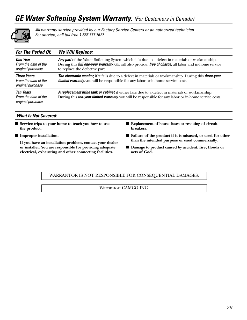 Warranty (canada), Ge water softening system warranty, For customers in canada) | GE GXSF39E User Manual | Page 29 / 64