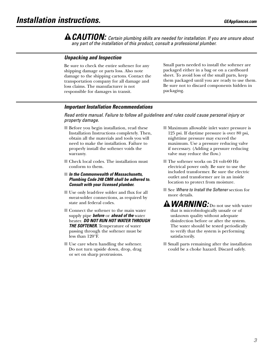 Installation instructions, Caution, Warning | GE GXSF39E User Manual | Page 3 / 64