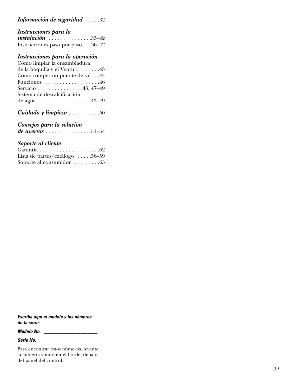 Spanish table of contents, Instrucciones para la operación, Soporte al cliente | GE GXSF39E User Manual | Page 31 / 64