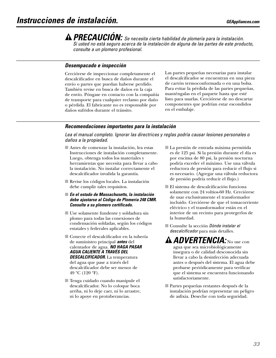 Instrucciones para la instalación, Precaución, Instrucciones de instalación | Advertencia | GE GXSF39E User Manual | Page 33 / 64