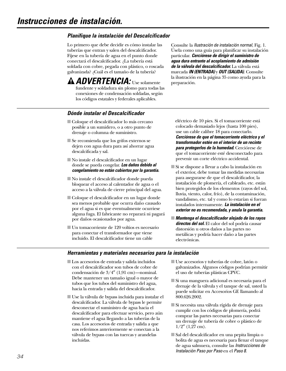 Instrucciones de instalación, Advertencia | GE GXSF39E User Manual | Page 34 / 64