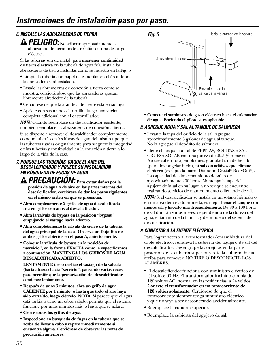 Peligro, Precaución, Instrucciones de instalación paso por paso | GE GXSF39E User Manual | Page 38 / 64