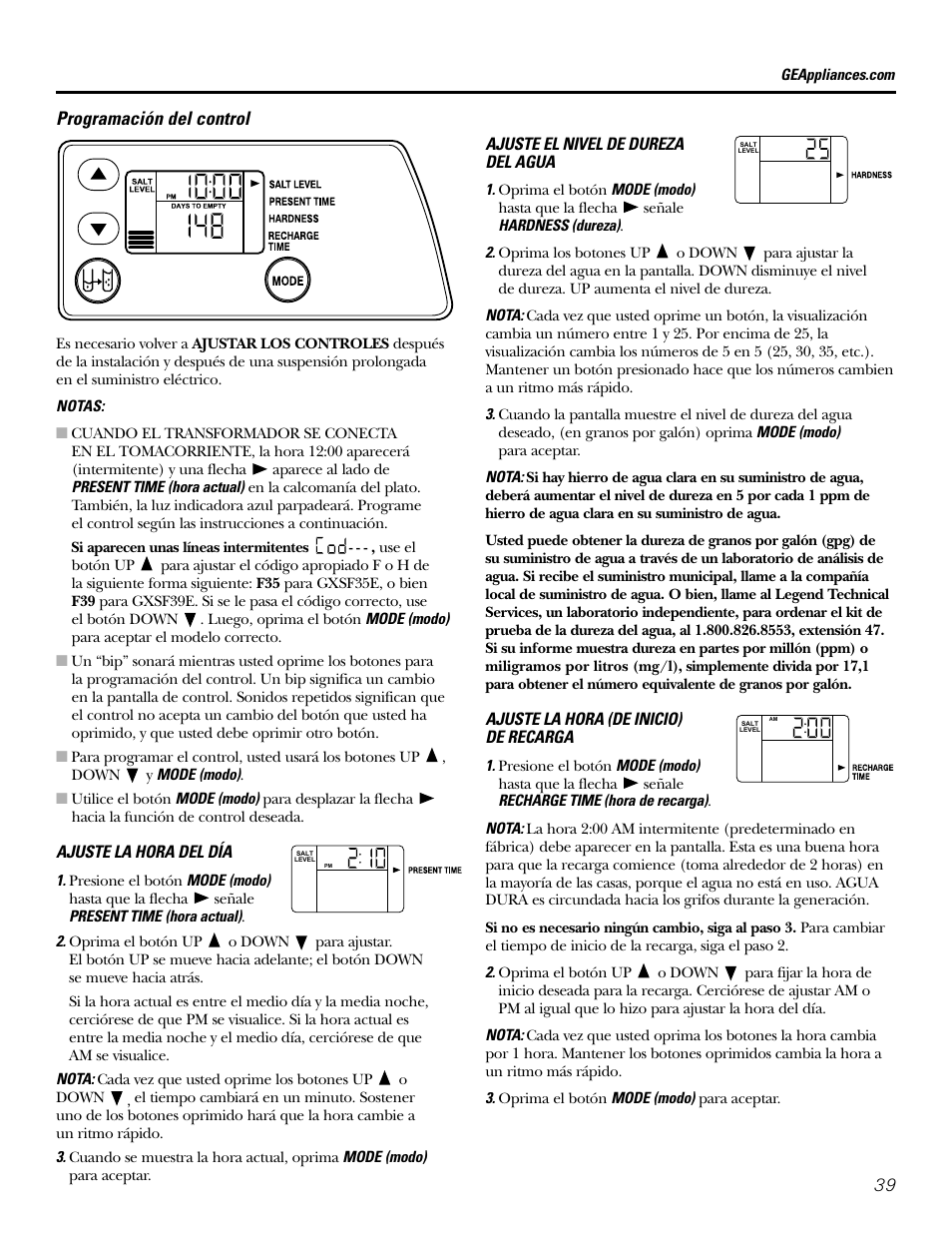 Programación del control | GE GXSF39E User Manual | Page 39 / 64