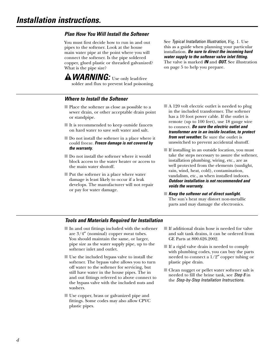 Installation instructions, Warning | GE GXSF39E User Manual | Page 4 / 64