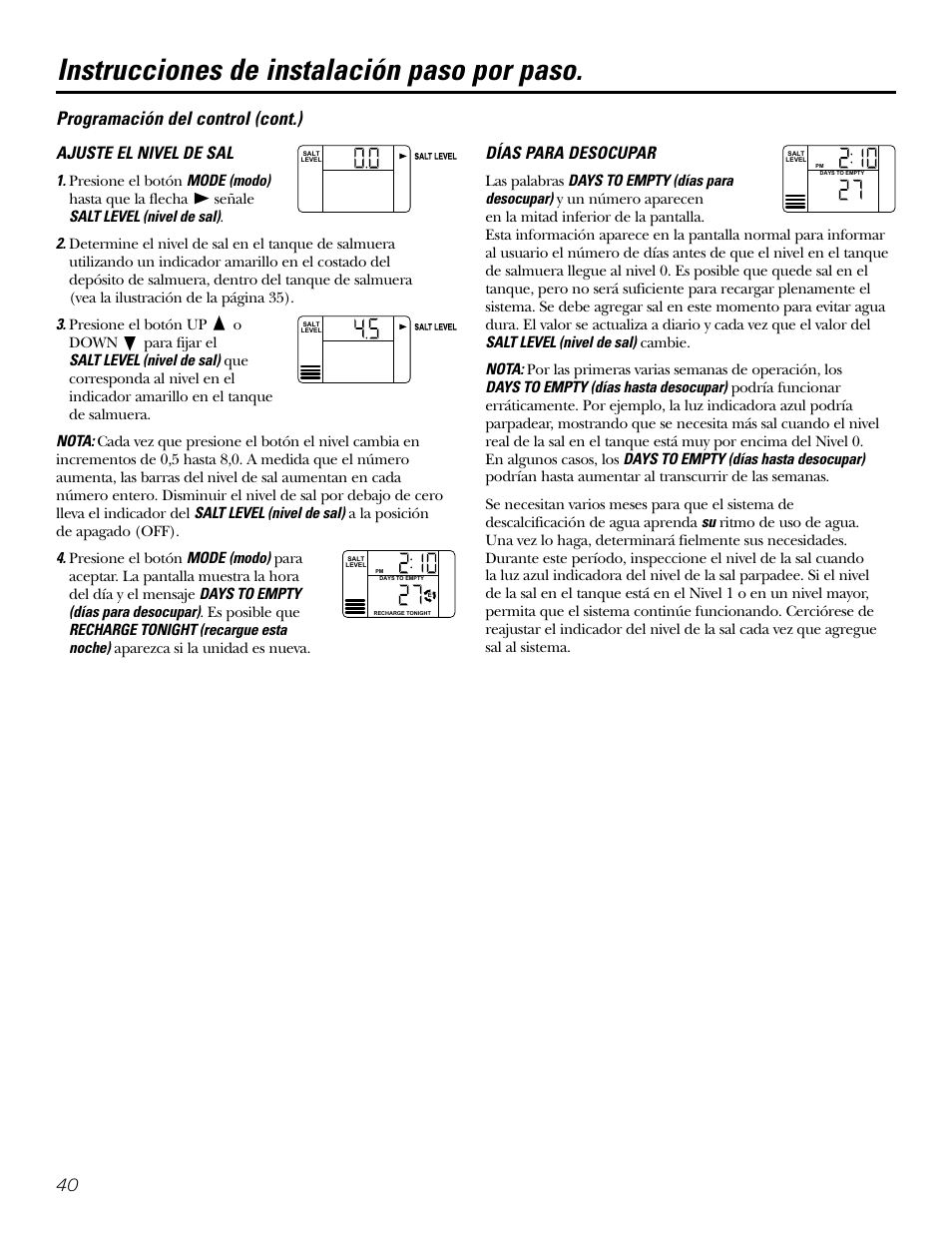 Instrucciones de instalación paso por paso, Programación del control (cont.), Ajuste el nivel de sal | Días para desocupar | GE GXSF39E User Manual | Page 40 / 64