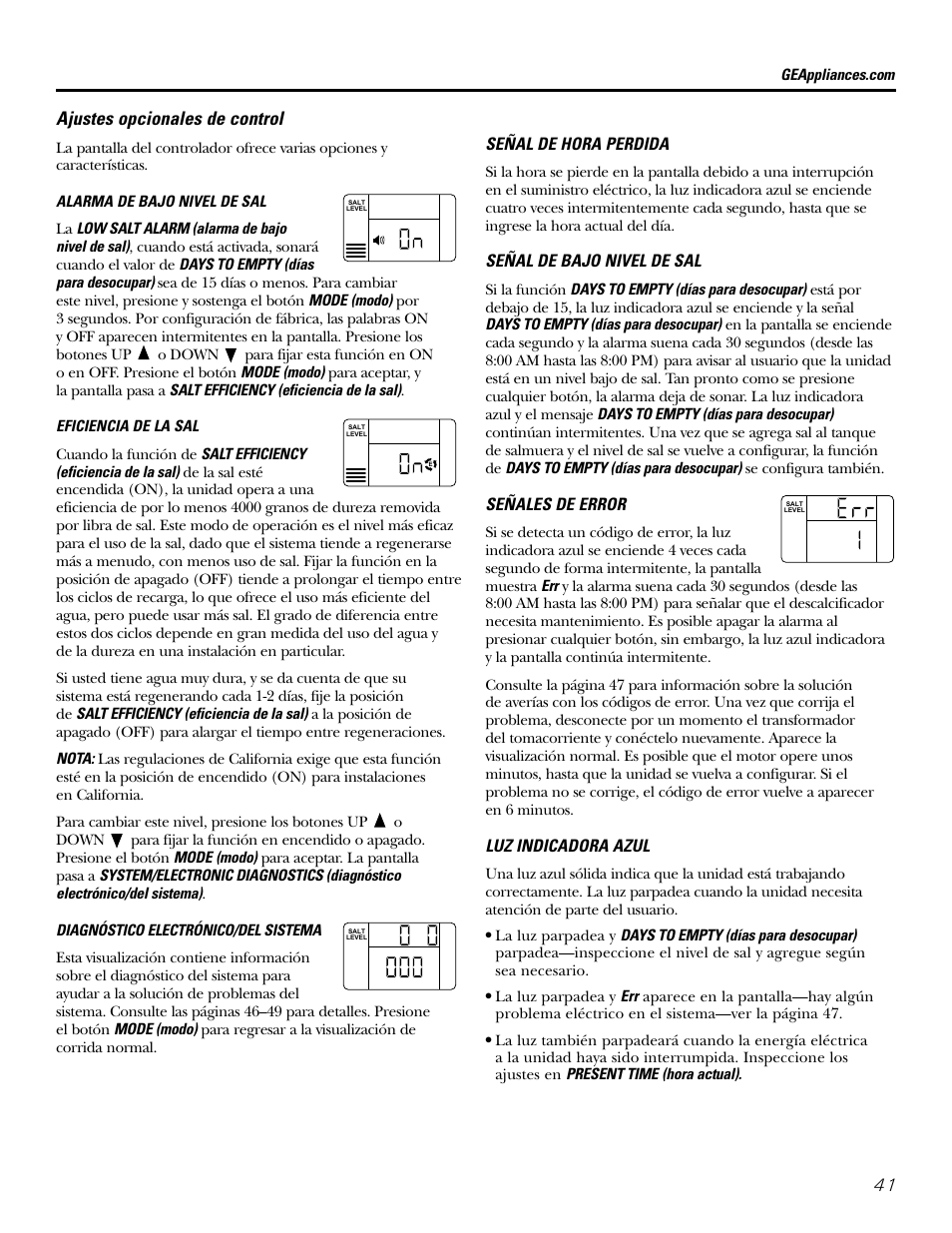 41 ajustes opcionales de control, Señal de hora perdida, Señal de bajo nivel de sal | Señales de error, Luz indicadora azul | GE GXSF39E User Manual | Page 41 / 64