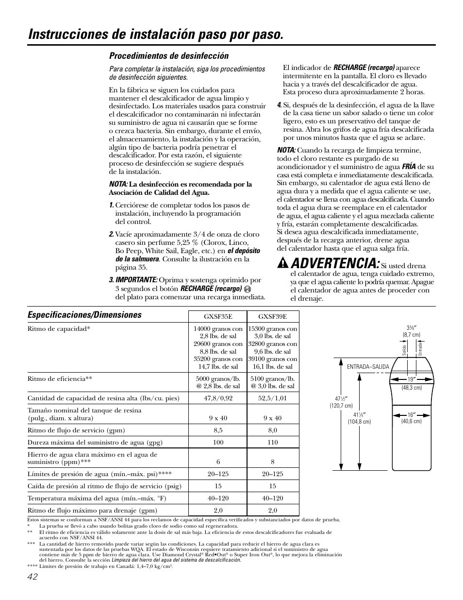 Instrucciones de instalación paso por paso, Advertencia, Procedimientos de desinfección | Especificaciones/dimensiones | GE GXSF39E User Manual | Page 42 / 64