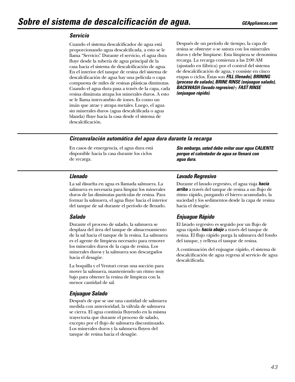 Servicio, Sistema de descalcificación de agua, Sobre el sistema de descalcificación de agua | GE GXSF39E User Manual | Page 43 / 64