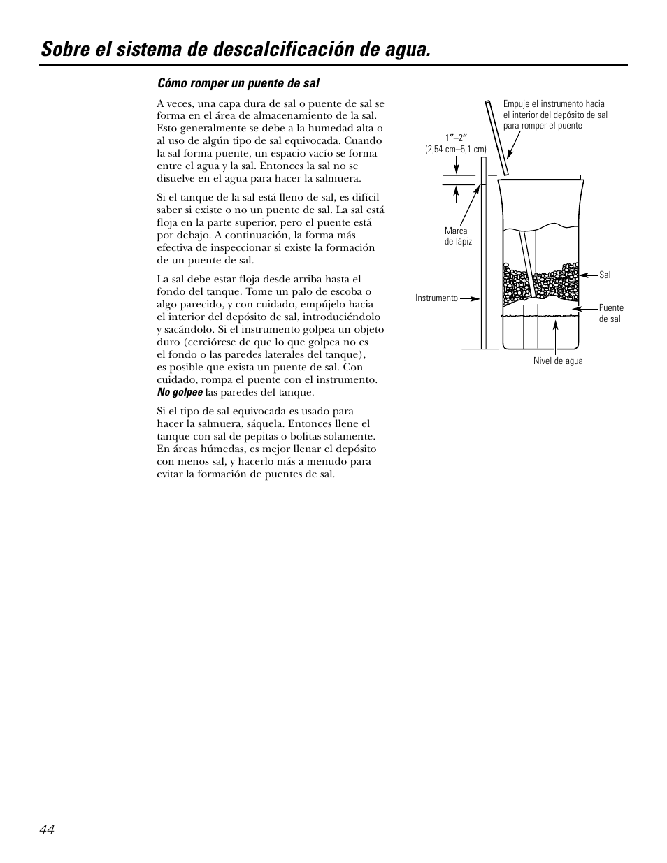 Cómo romper un puente de sal, Sobre el sistema de descalcificación de agua | GE GXSF39E User Manual | Page 44 / 64