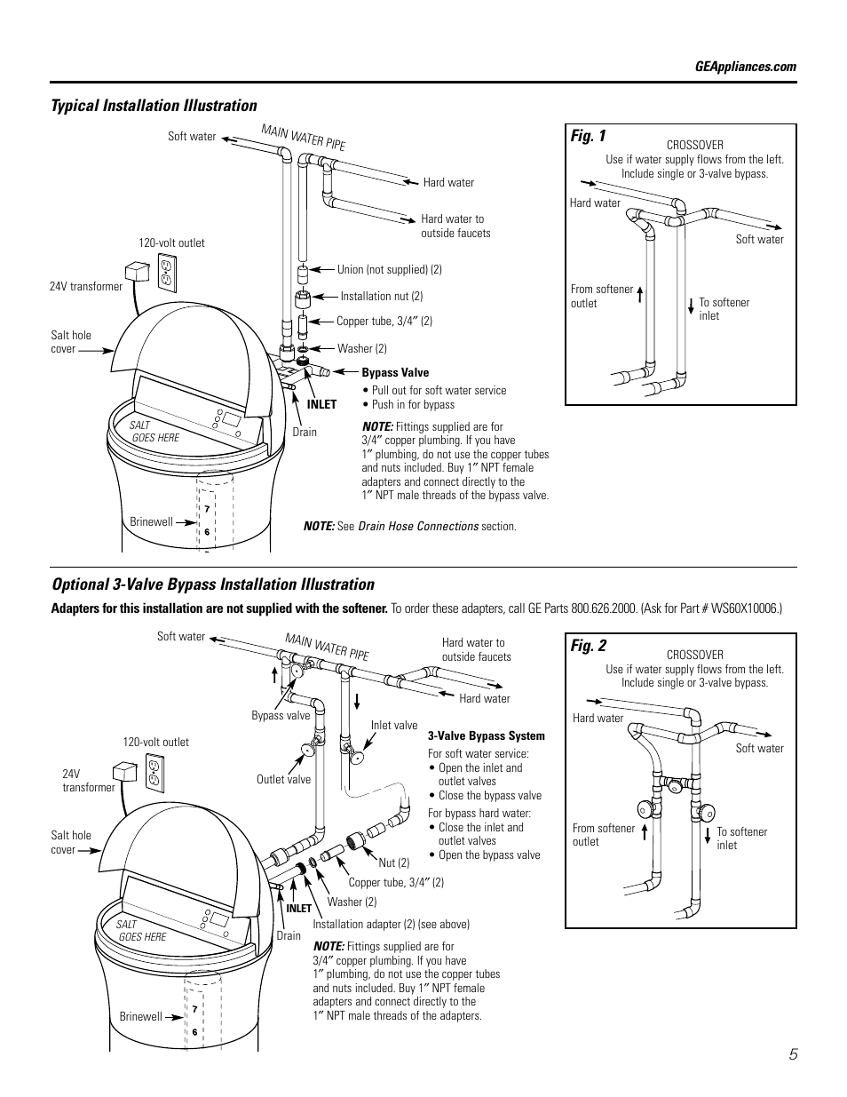 Typical installation illustration, Optional 3-valve bypass installation illustration, Fig. 1 | Fig. 2 | GE GXSF39E User Manual | Page 5 / 64