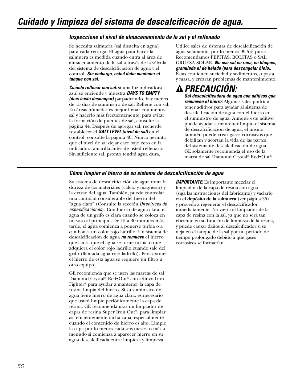 Cuidado y limpieza, Precaución | GE GXSF39E User Manual | Page 50 / 64