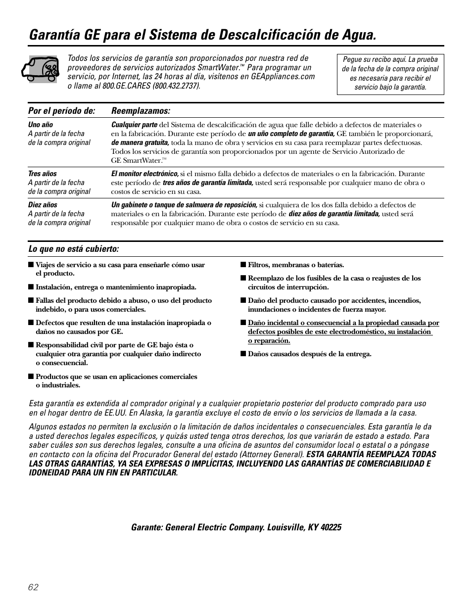 Garantía | GE GXSF39E User Manual | Page 62 / 64