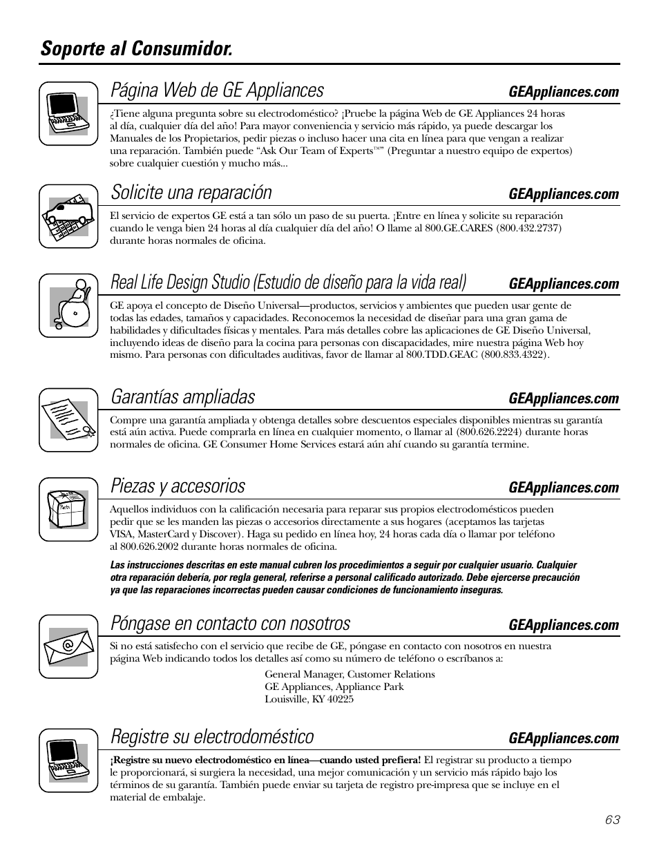 Soporte al consumidor, Página web de ge appliances, Solicite una reparación | Garantías ampliadas, Piezas y accesorios, Póngase en contacto con nosotros, Registre su electrodoméstico | GE GXSF39E User Manual | Page 63 / 64