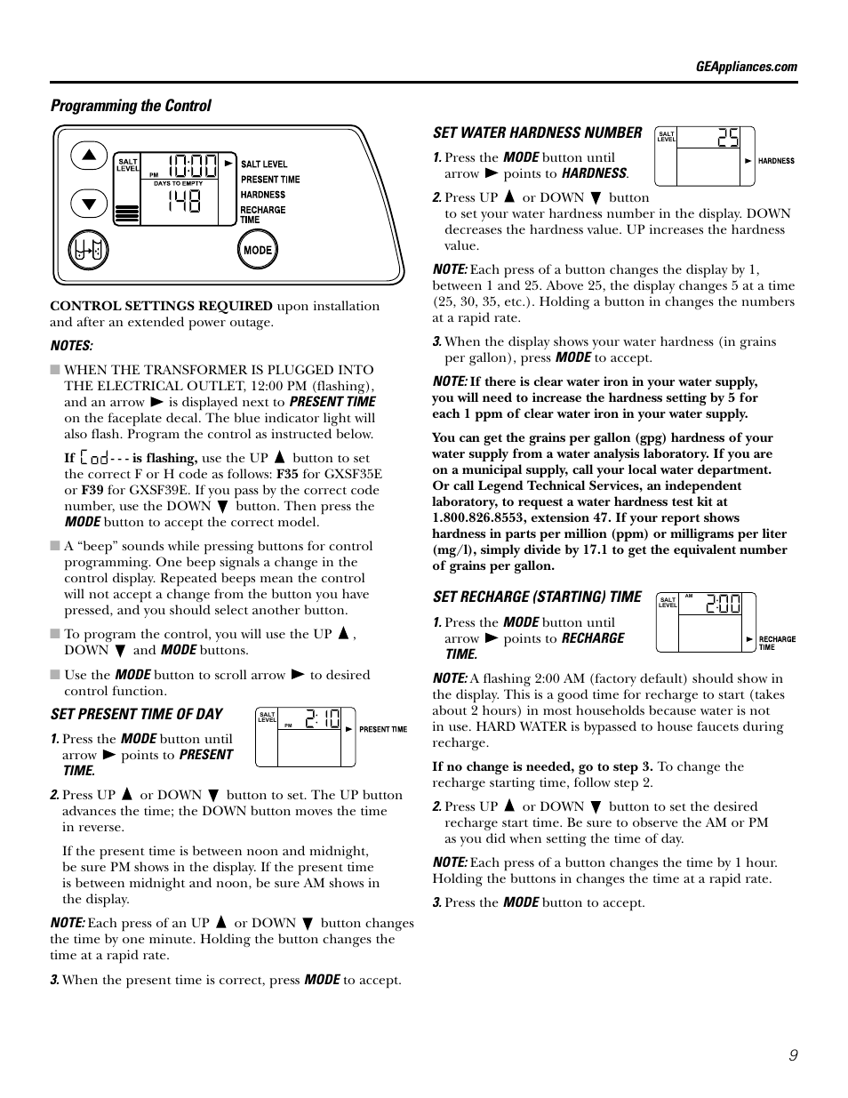 Programming the control | GE GXSF39E User Manual | Page 9 / 64