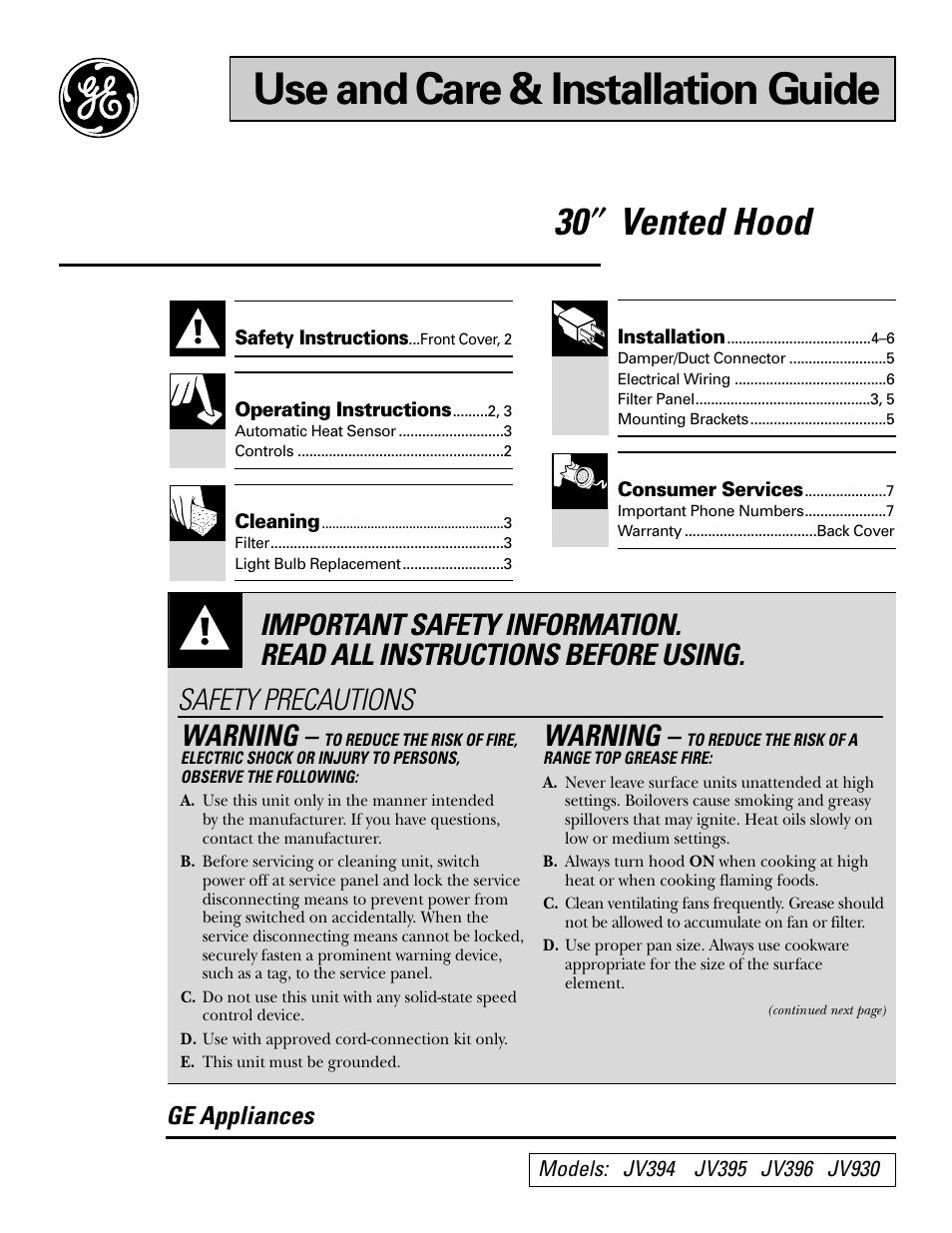 GE JV396 User Manual | 8 pages