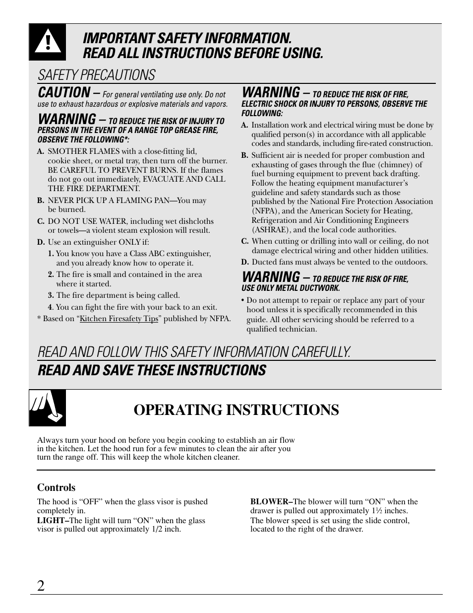 Operating instructions, Controls, Warning | GE JV396 User Manual | Page 2 / 8