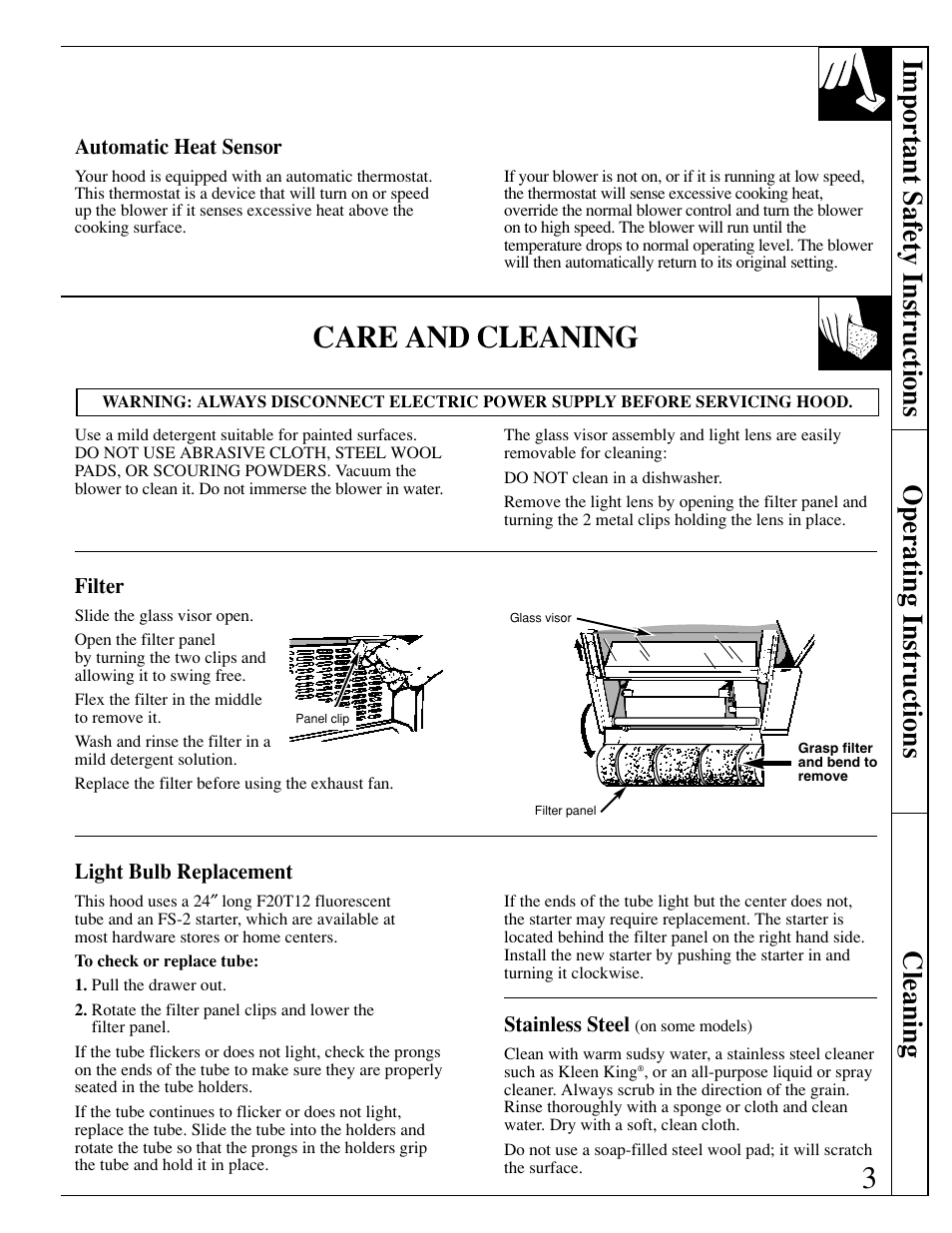 Automatic heat sensor, Care and cleaning, Filter | Light bulb replacement, Stainless steel | GE JV396 User Manual | Page 3 / 8