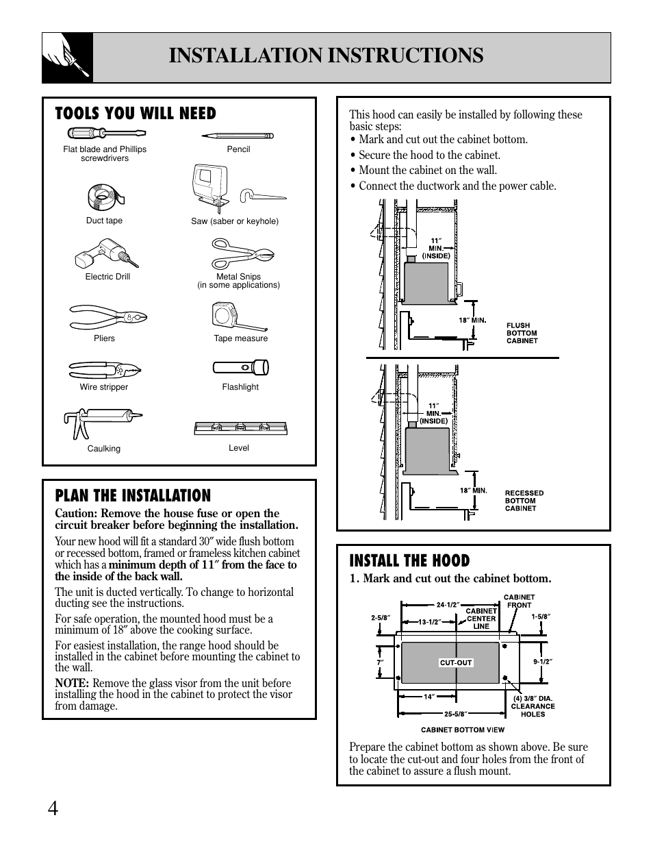 Installation instructions, Tools you will need, Plan the installation | Install the hood, 4installation instructions | GE JV396 User Manual | Page 4 / 8