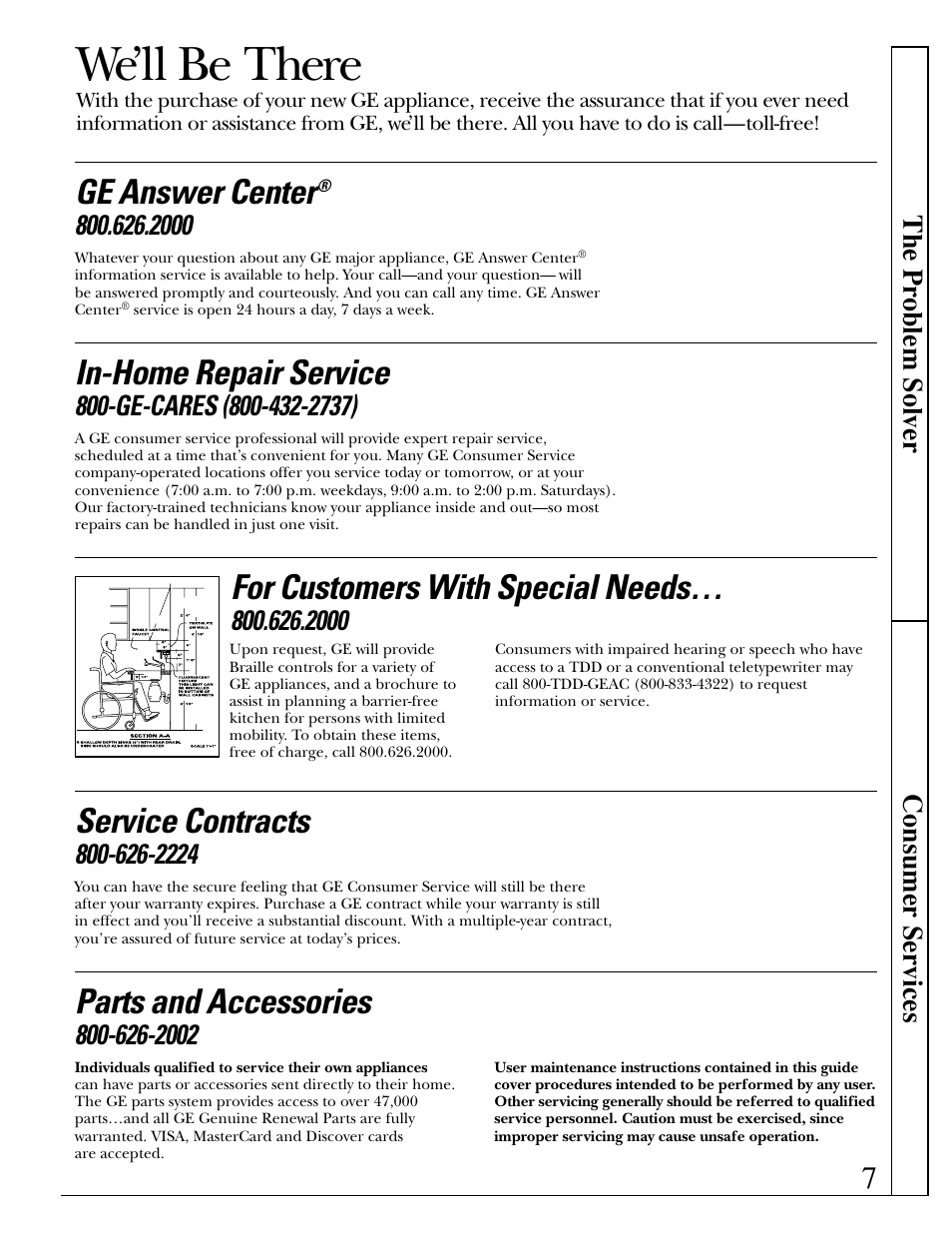 The problem solver, Consumer services, We’ll be there | In-home repair service, Ge answer center, Service contracts, Parts and accessories, For customers with special needs, The pr oblem solver consumer services | GE JV396 User Manual | Page 7 / 8