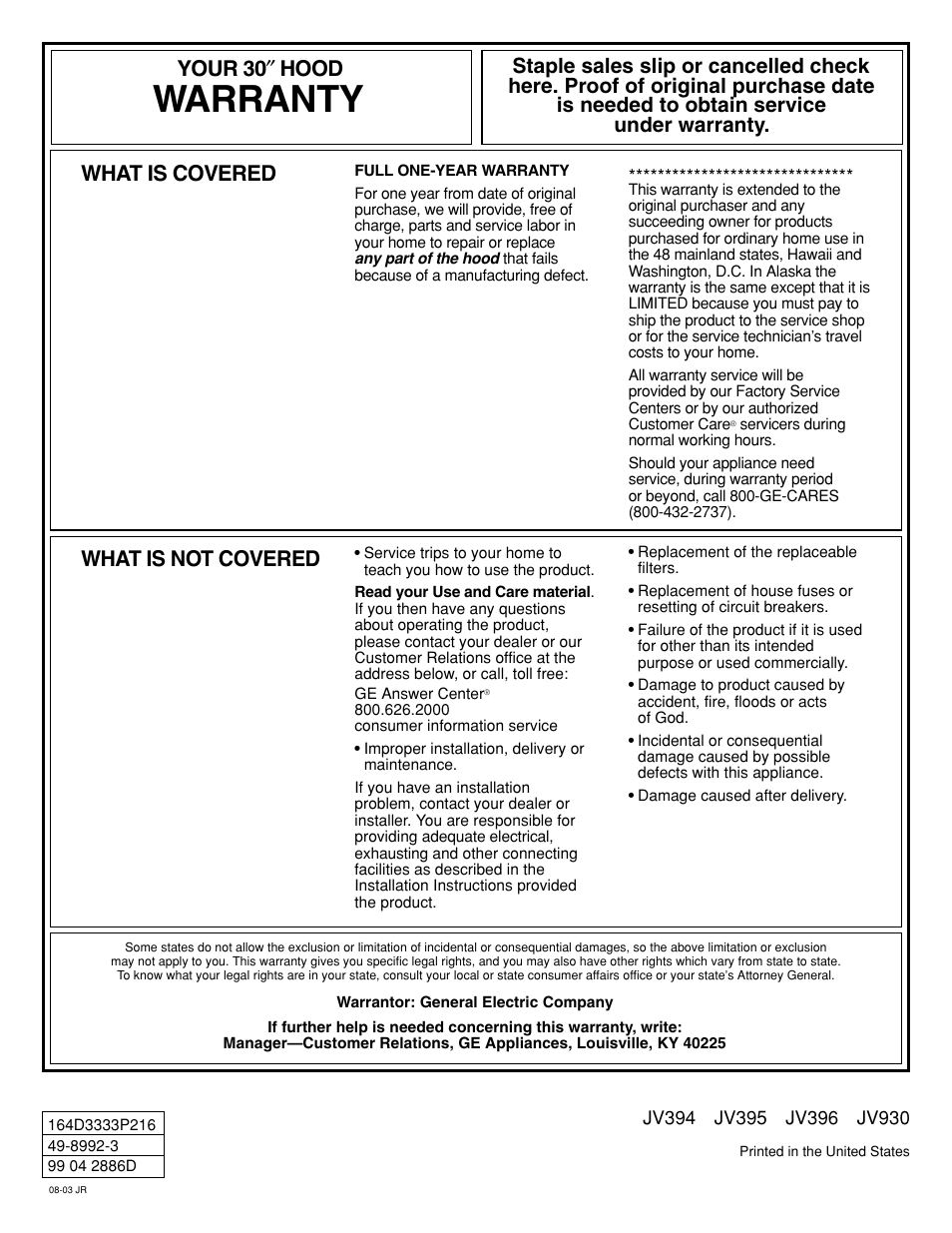 Warranty, What is covered, What is not covered | Your 30 ″ hood | GE JV396 User Manual | Page 8 / 8