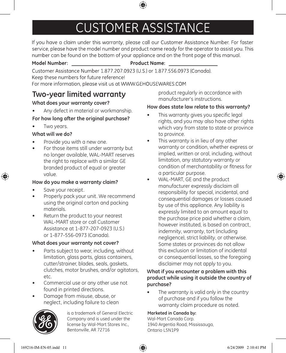 Customer assistance, Two-year limited warranty | GE 681131692168 User Manual | Page 11 / 11