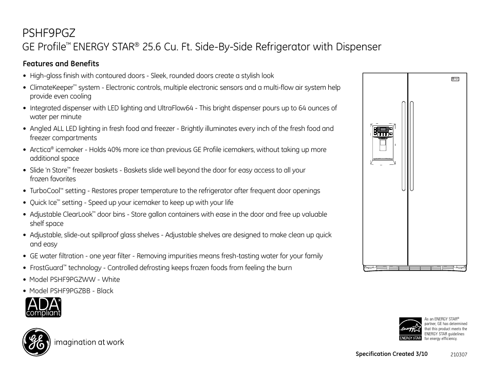 Pshf9pgz, Ge profile, Energy star | 6 cu. ft. side-by-side refrigerator with dispenser | GE Energy Star PSHF9PGZWW User Manual | Page 2 / 2