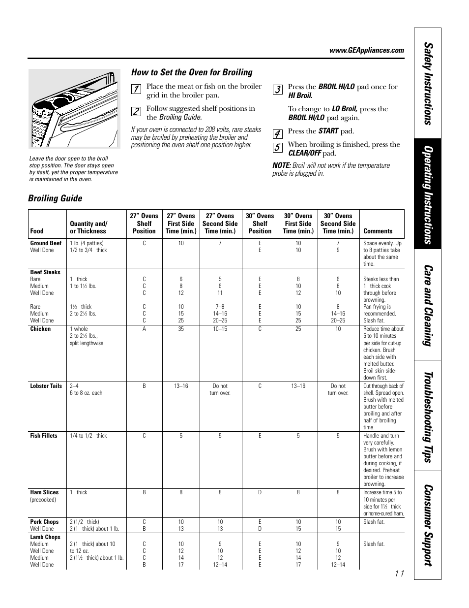 How to set the oven for broiling, Broiling guide | GE JKP18  EN User Manual | Page 11 / 36
