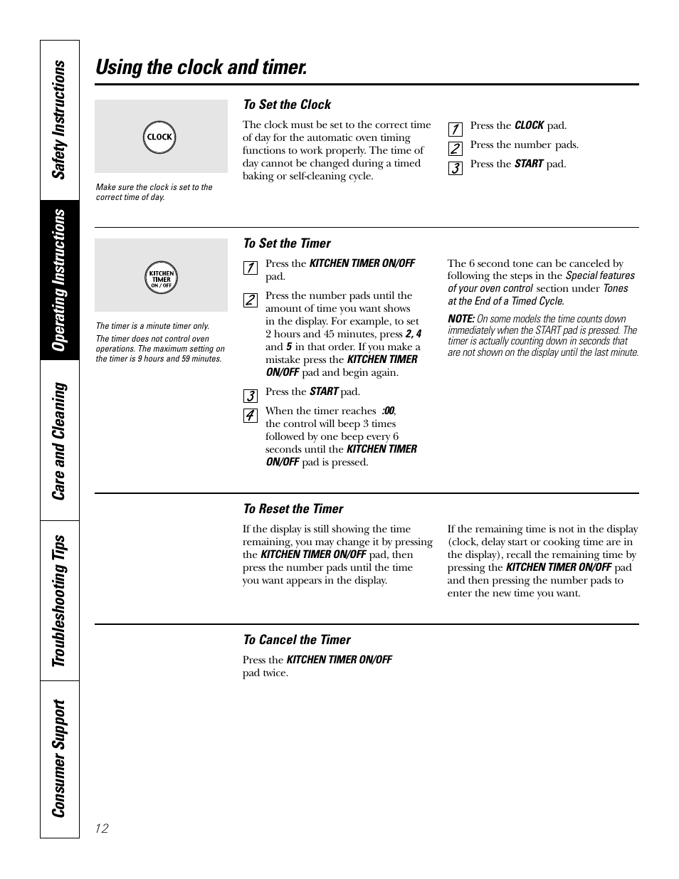 Clock and timer, Using the clock and timer | GE JKP18  EN User Manual | Page 12 / 36