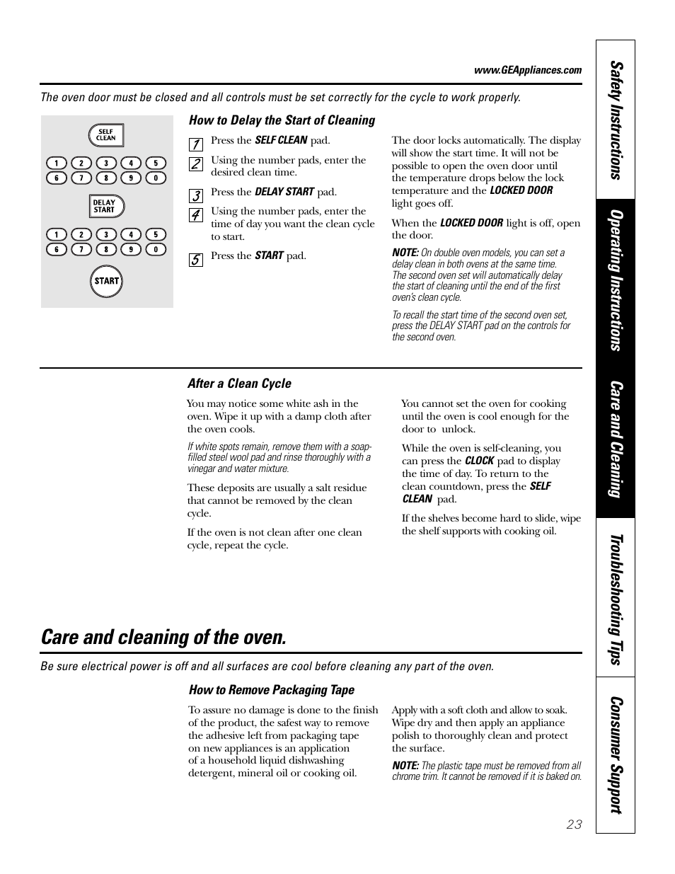 Removing packaging tape, Care and cleaning of the oven | GE JKP18  EN User Manual | Page 23 / 36