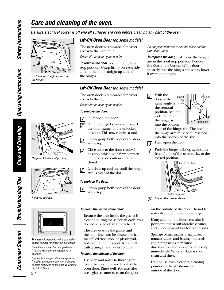 Lift-off oven door, Care and cleaning of the oven, Lift-off oven door (on some models) | GE JKP18  EN User Manual | Page 24 / 36