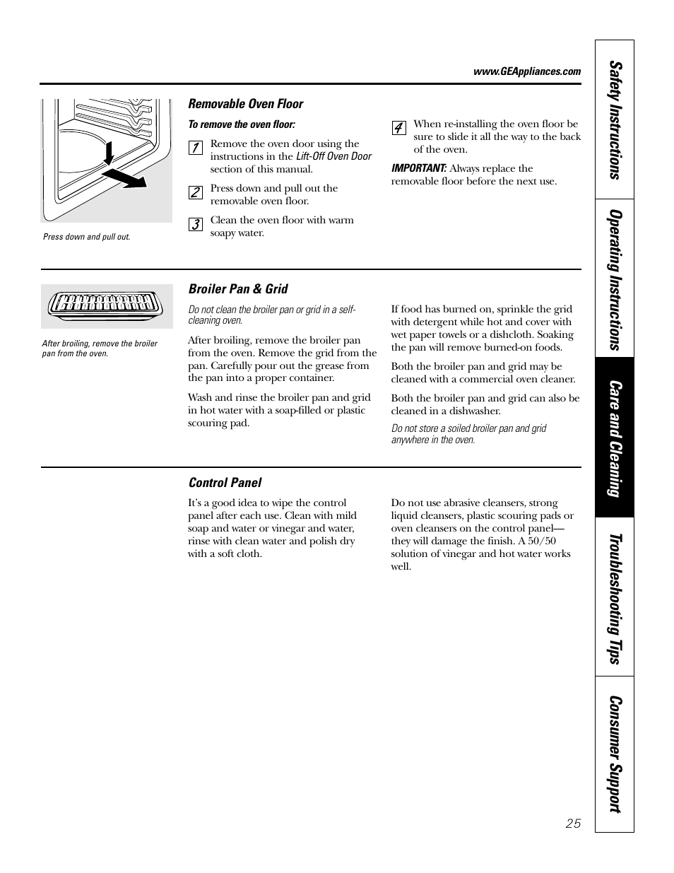 Broiler pan and grid, Control panel, Oven floor | Broiler pan and grid control panel | GE JKP18  EN User Manual | Page 25 / 36