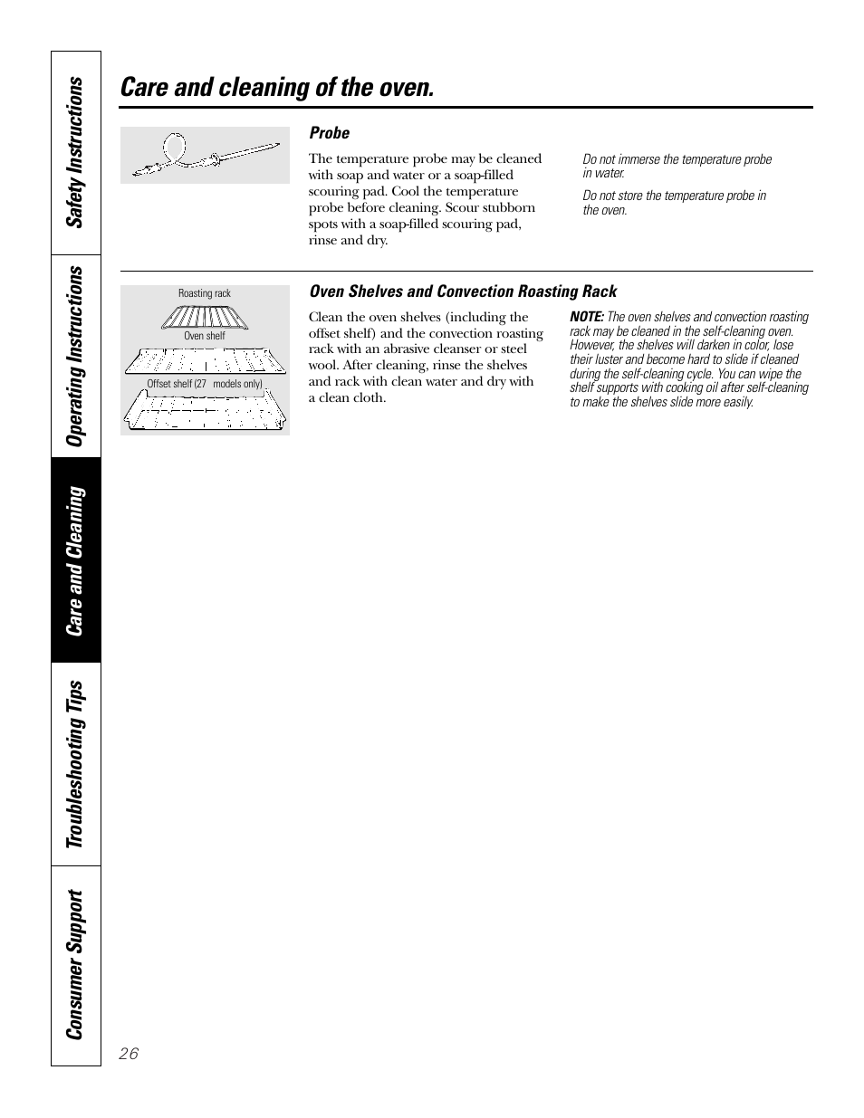 Probe, Shelves, Care and cleaning of the oven | GE JKP18  EN User Manual | Page 26 / 36