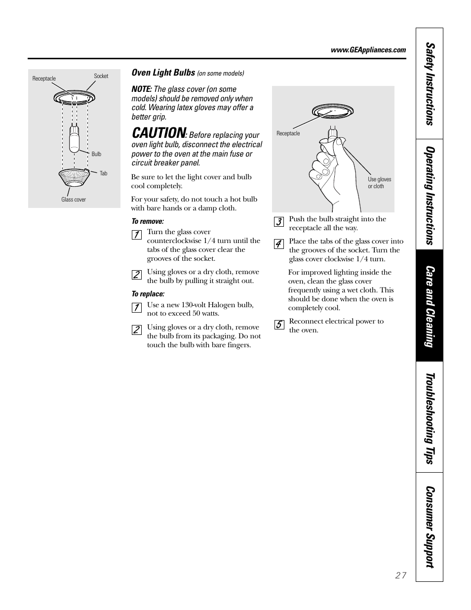 Light bulb, Caution | GE JKP18  EN User Manual | Page 27 / 36