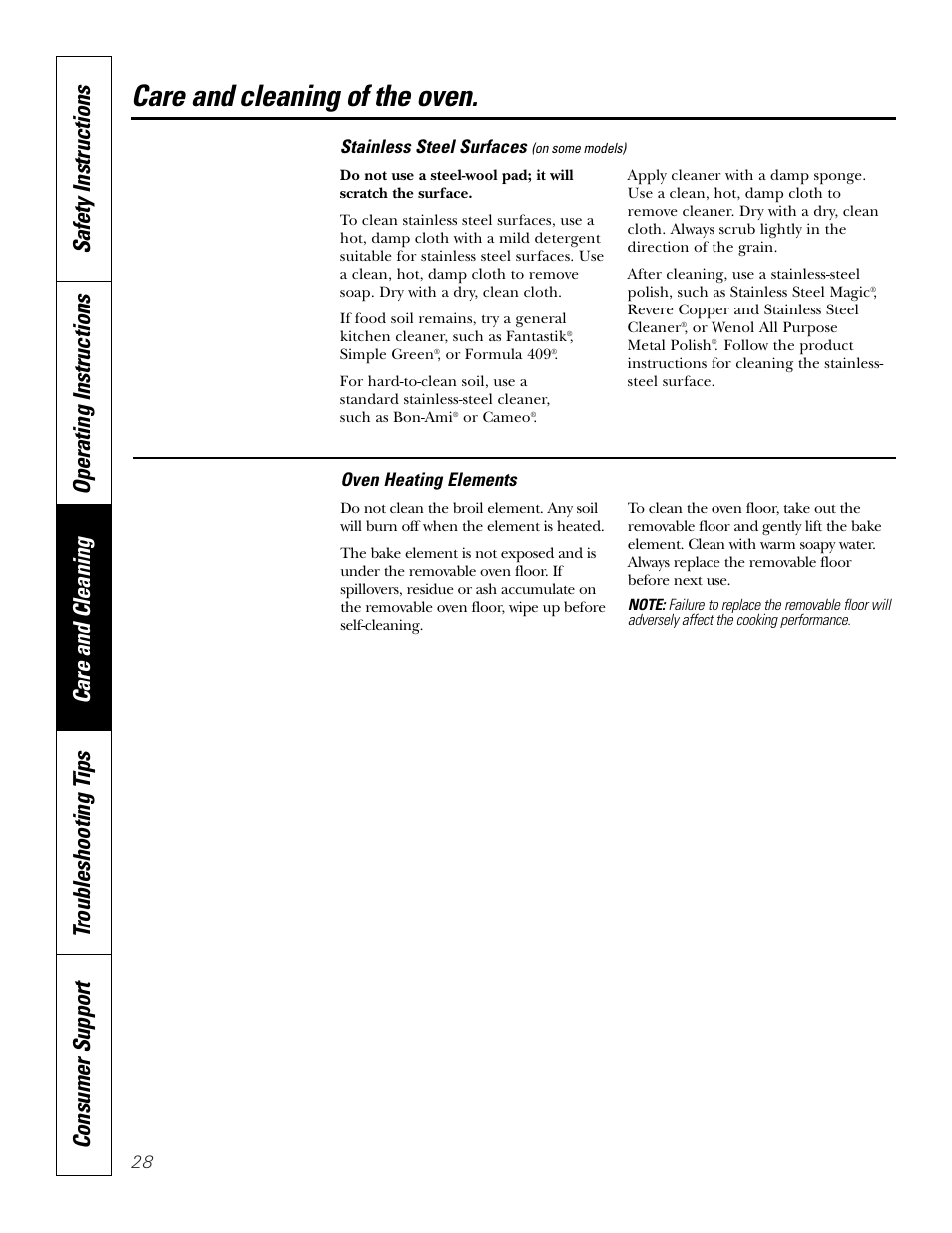 Stainless steel surfaces, Care and cleaning of the oven, Oven heating elements | GE JKP18  EN User Manual | Page 28 / 36