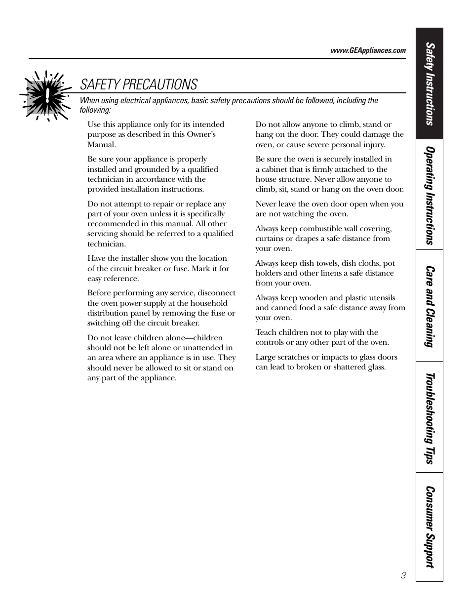 Safety instructions, Safety precautions | GE JKP18  EN User Manual | Page 3 / 36