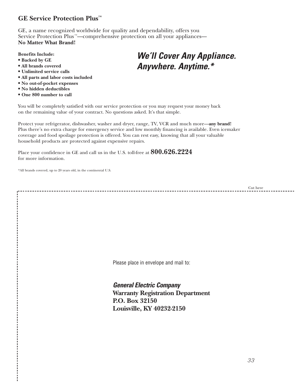 Product registration, Product registration , 34, We’ll cover any appliance. anywhere. anytime | General electric company | GE JKP18  EN User Manual | Page 33 / 36