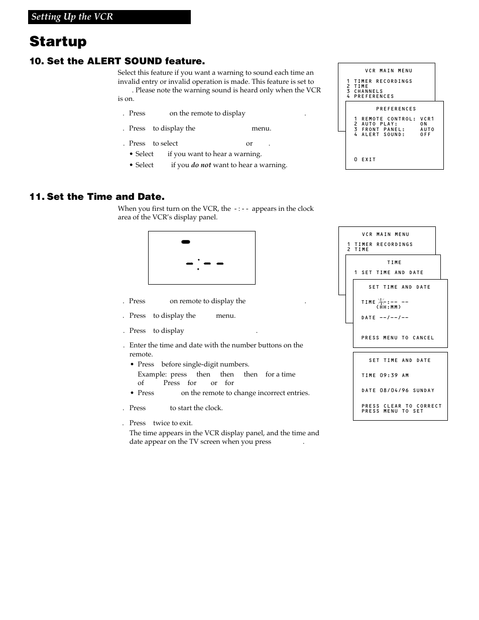 Startup, 11 setting up the vcr, Set the alert sound feature | Set the time and date | GE VG4256 User Manual | Page 13 / 36